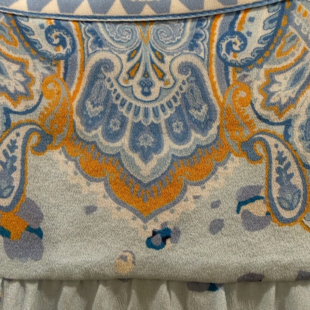 Hale Bob Light Blue Tie-Front Bohemian-inspired prints,  100% Silk Blouse SZ S - Picture 4 of 8